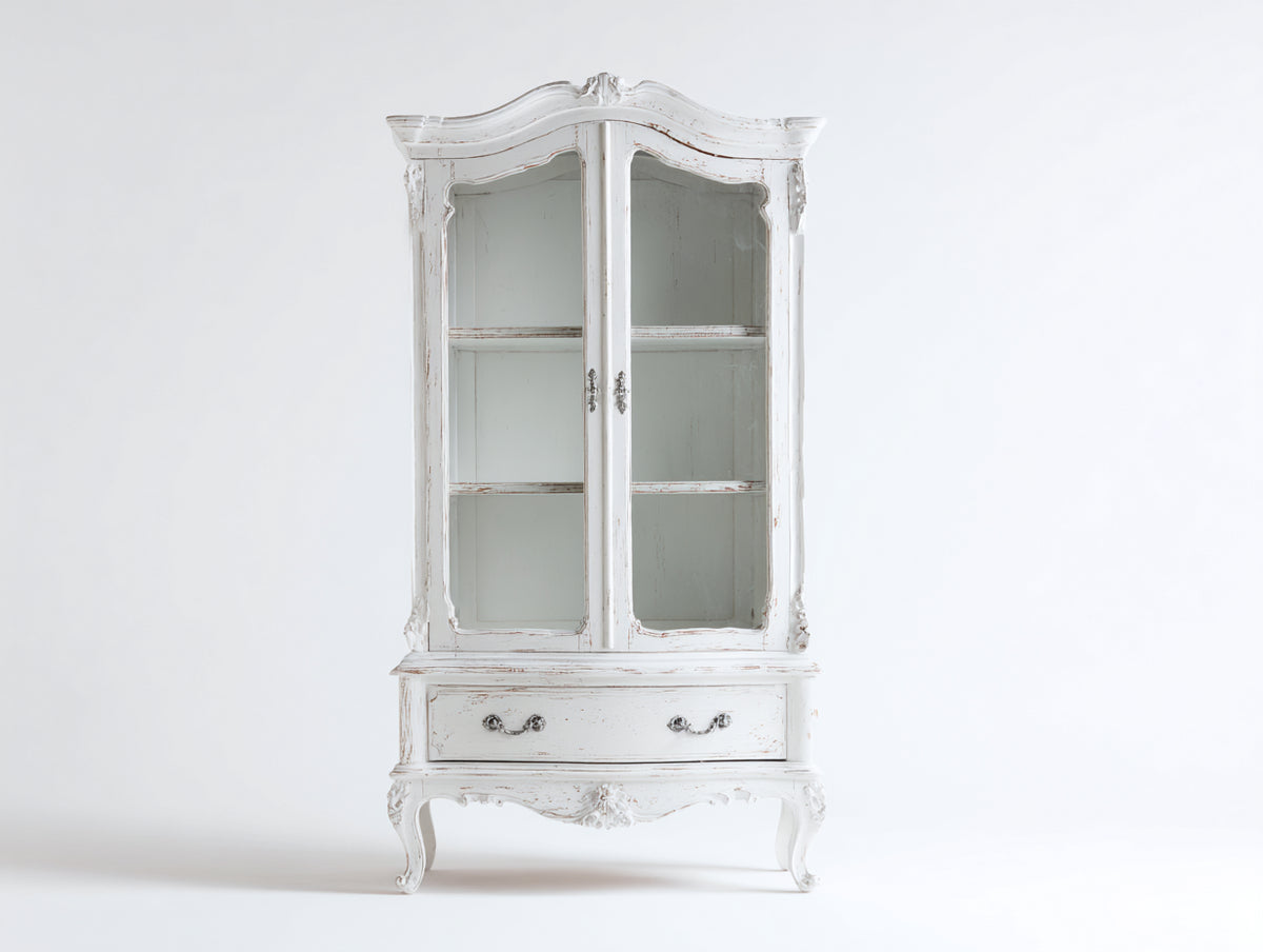 Vitrine - Bois - Verre - 86 x 40 x 182 cm - Blanc vieilli - Style romantique patiné