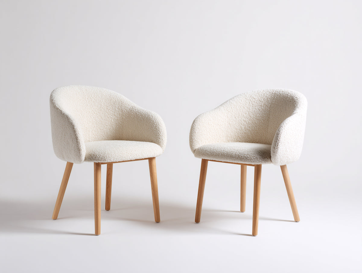 Chaise de salle à manger - Tissu bouclé-Bois - 58 x 59 x 79 cm - Blanc cassé-Bois naturel - Style contemporain