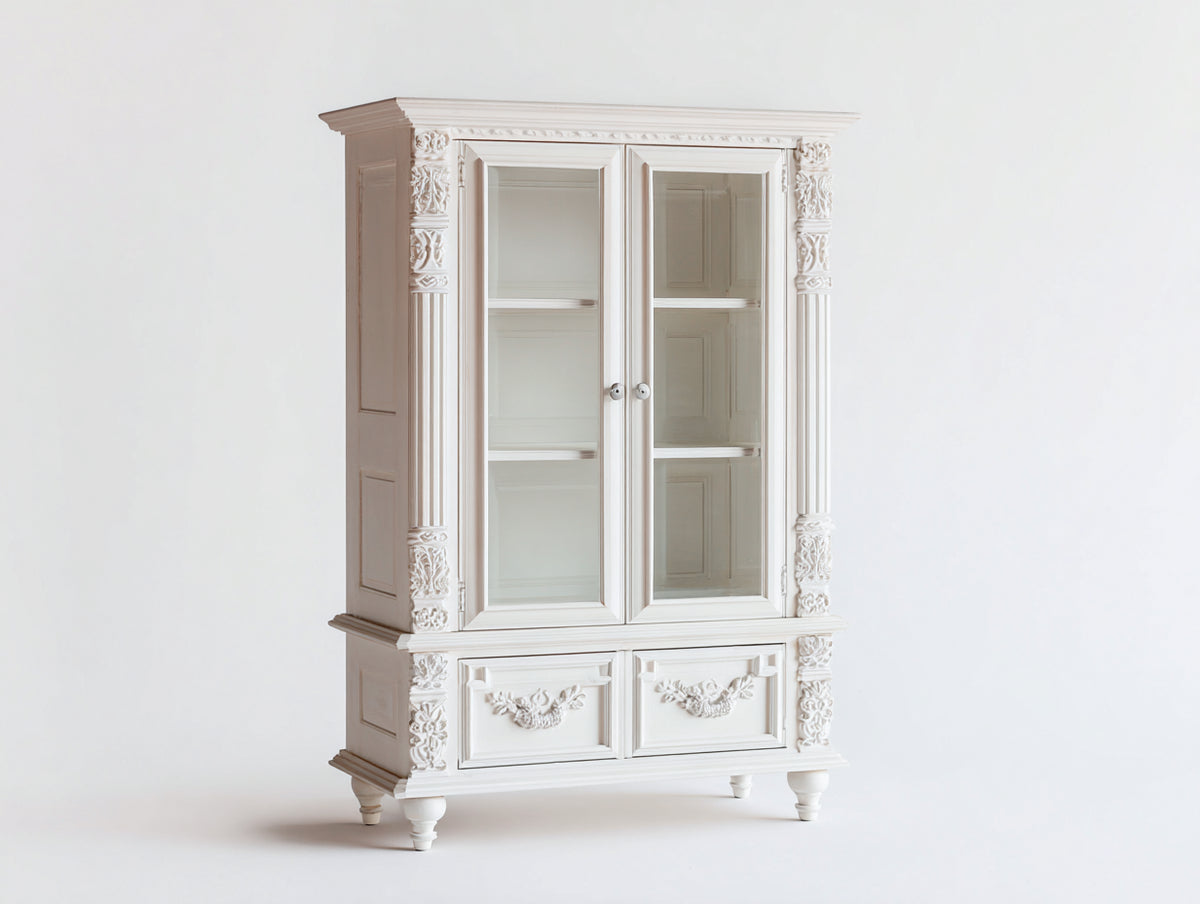 Vitrine - Bois - Verre - 100 x 42 x 185 cm - Blanc ivoire - Style classique sculpté