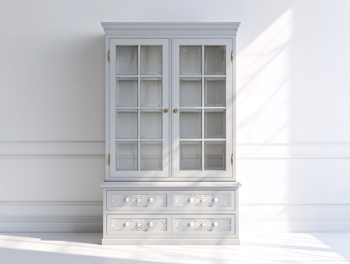 Vitrine - Bois - Verre - 100 x 45 x 190 cm - Gris clair - Style classique à carreaux vitrés