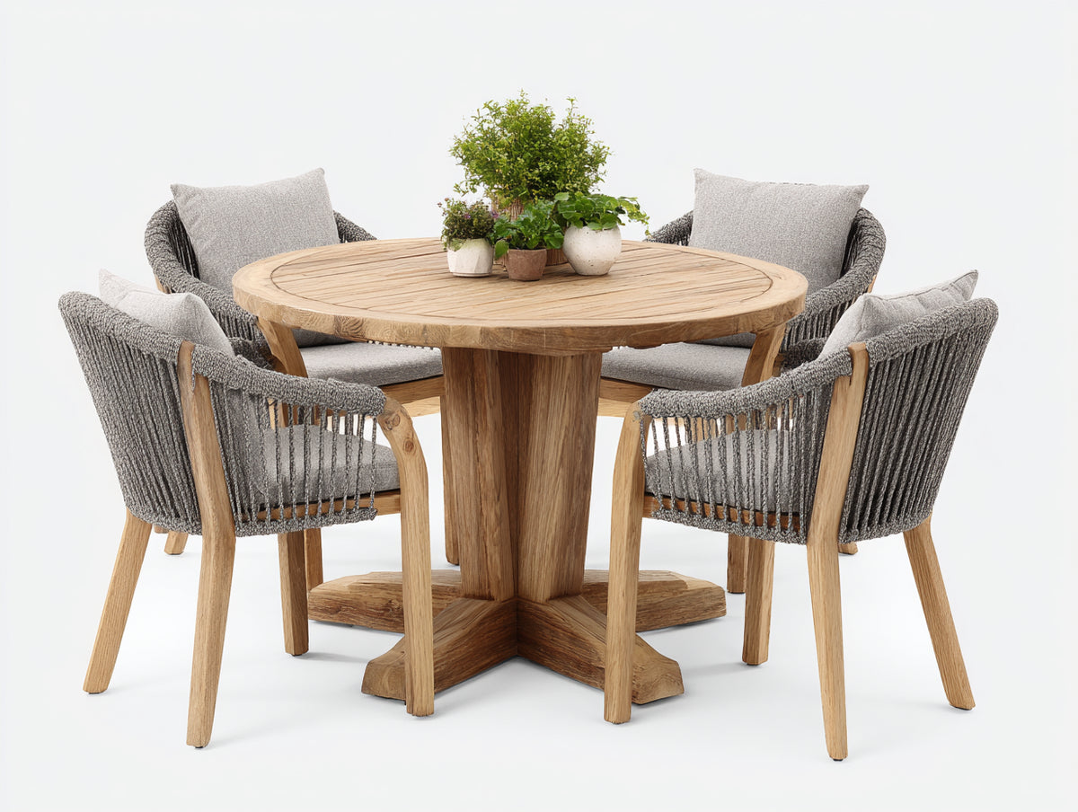 Salon de jardin repas - bois-corde tressée-tissu - 130 x 130 x 76 cm - naturel-gris - style naturel contemporain