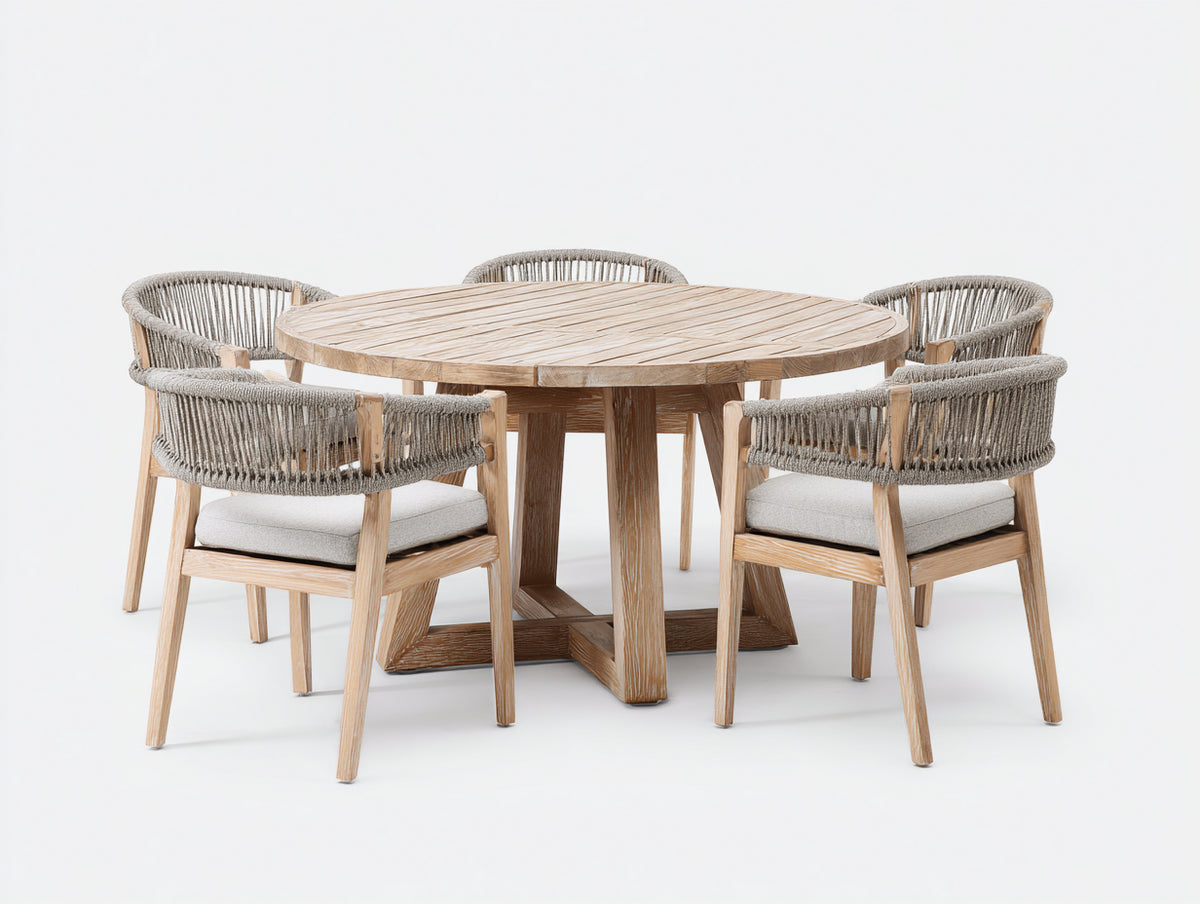 Salon de jardin repas - bois-corde tressée-tissu - 135 x 135 x 76 cm - naturel-grège - style contemporain