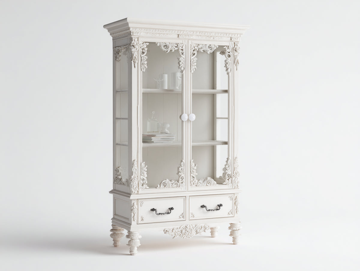 Vitrine - Bois - Verre - 92 x 40 x 182 cm - Blanc ivoire - Style classique orné