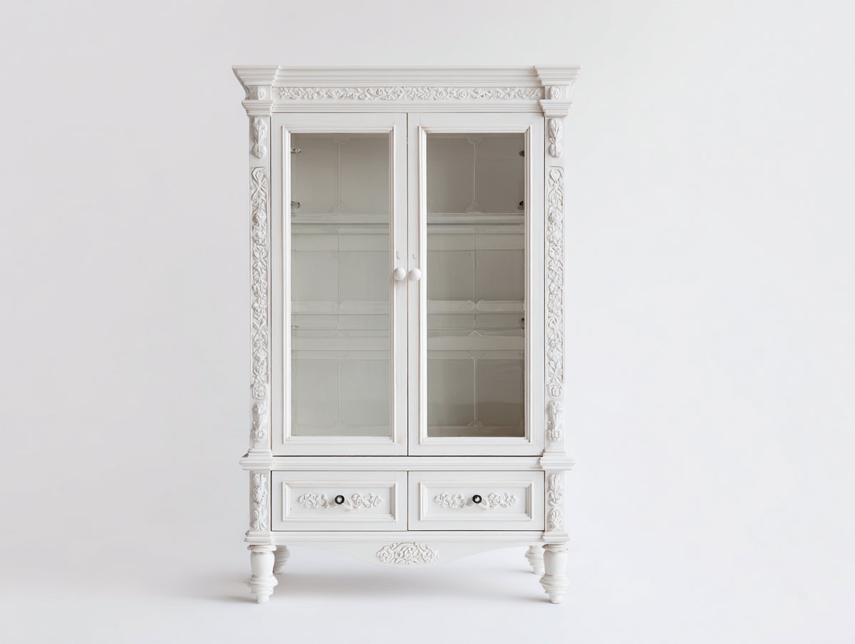 Vitrine - Bois - Verre - 96 x 41 x 188 cm - Blanc cassé - Style classique sculpté