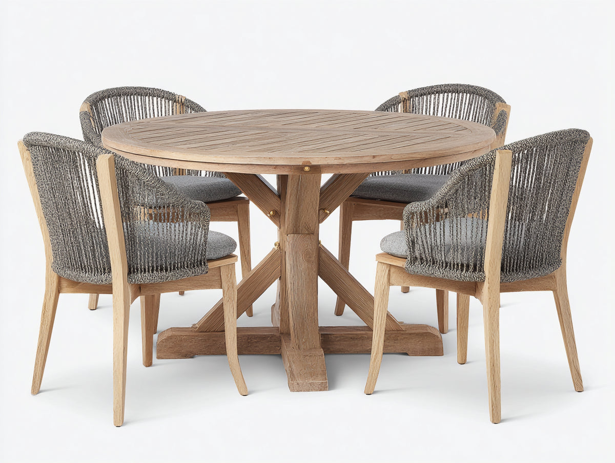 Salon de jardin repas - bois-corde tressée-tissu - 130 x 130 x 76 cm - naturel-gris - style rustique contemporain