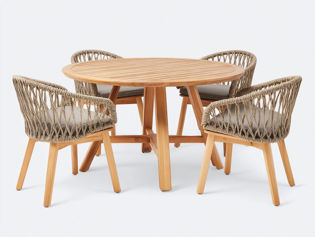 Salon de jardin repas - bois-corde tressée-tissu - 125 x 125 x 75 cm - naturel-taupe-gris clair - style naturel contemporain