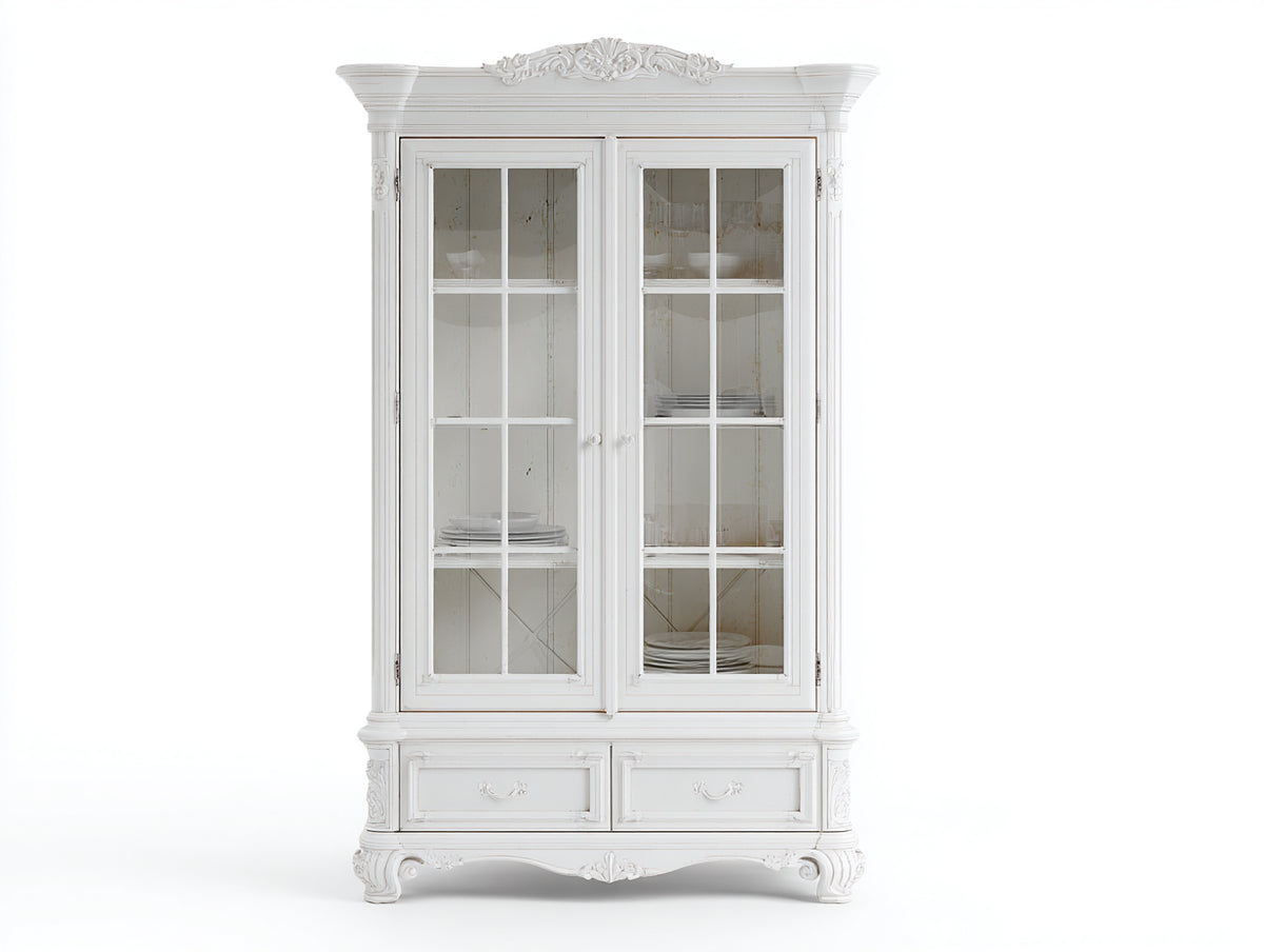 Vitrine - Bois - Verre - 98 x 43 x 190 cm - Blanc patiné - Style classique français