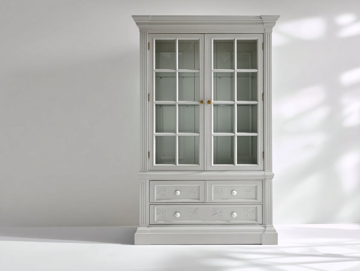 Vitrine - Bois - Verre - 98 x 44 x 188 cm - Gris perle - Style classique à croisillons